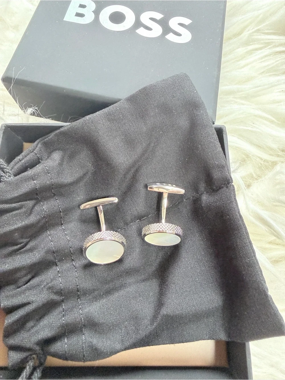 BOSS Silver-Tone Mother-of-Pearl Round Cufflinks